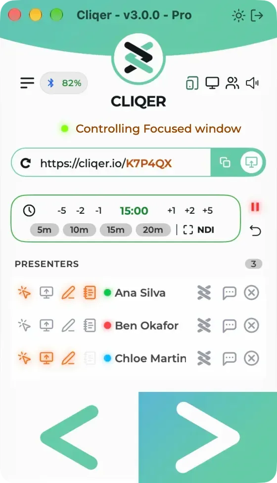 The Cliqer desktop app on a Mac with the timer card at 15:00, the minute steppers, presets and the Fullscreen Timer button