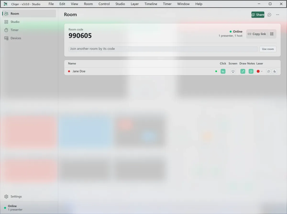 The Cliqer main window on Windows with the Room, Studio, Timer, Devices and Settings list, a room code and one presenter