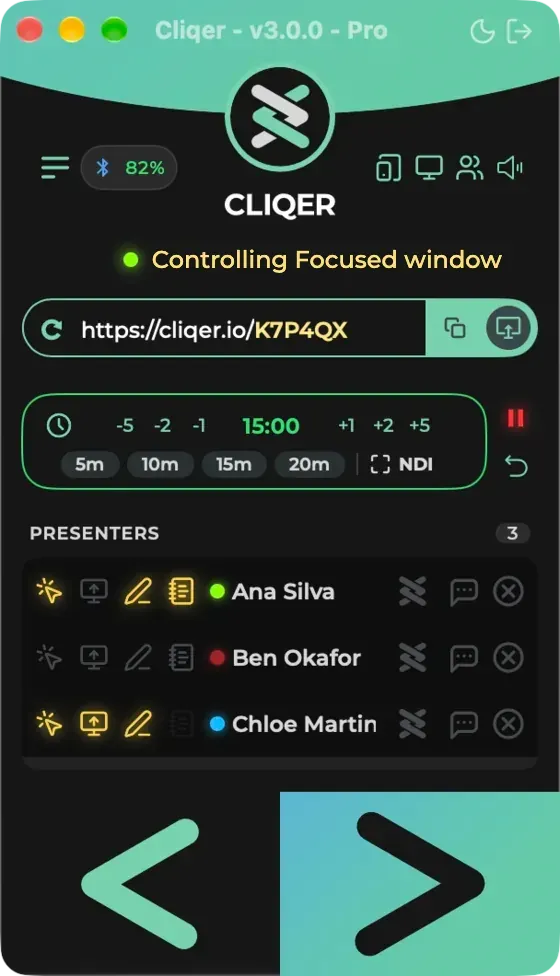 The Cliqer desktop app on a Mac with the timer card at 15:00, the minute steppers, presets and the Fullscreen Timer button