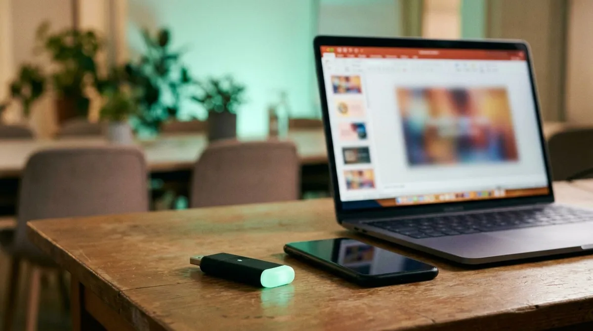 Three types of presentation remote laid side by side, a USB clicker, a phone and a laptop screen