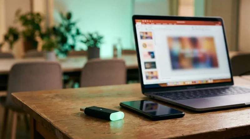 Three types of presentation remote laid side by side, a USB clicker, a phone and a laptop screen