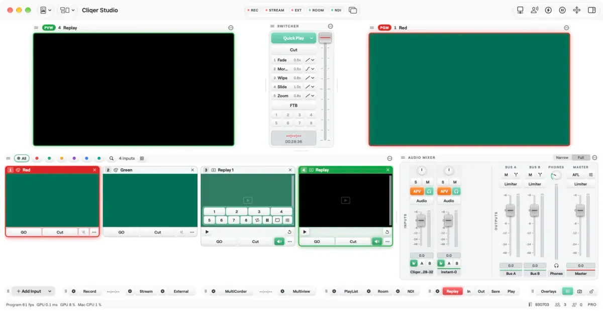 The Replay group in the Studio bottom bar with Replay, In, Out, Save and Play keys beside the other output keys