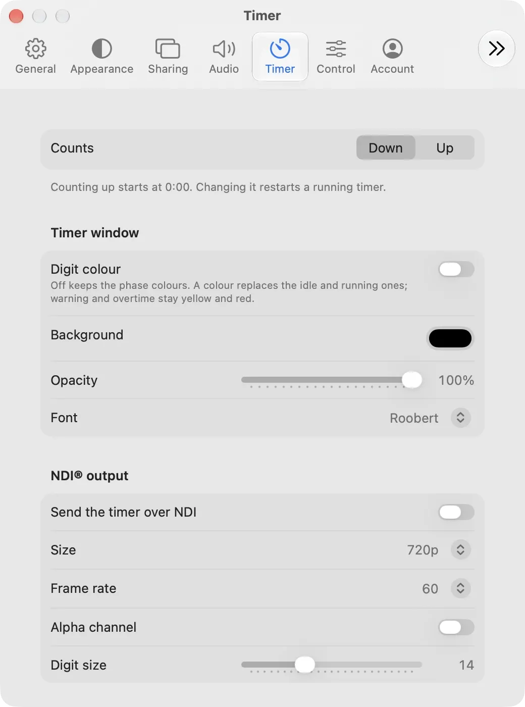 The Timer settings on a Mac with the Counts direction, timer window background and opacity, font, and the NDI output size and frame rate
