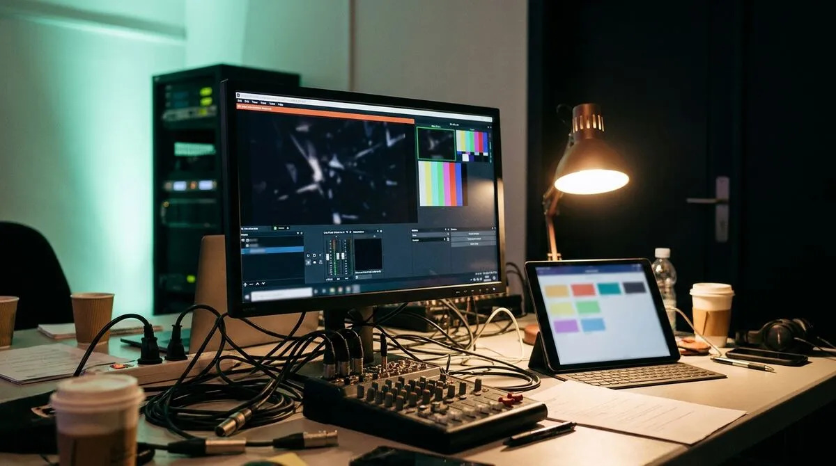 A live production switcher with vMix on screen next to a laptop showing a presenter's slide control room
