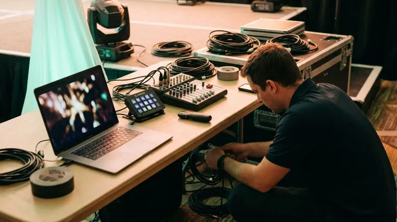 AV technician checking cables and a laptop at a tech table before a conference talk