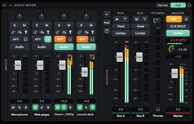 The Studio audio mixer with input strips, Bus A, Bus B, Phones and Master with a limiter