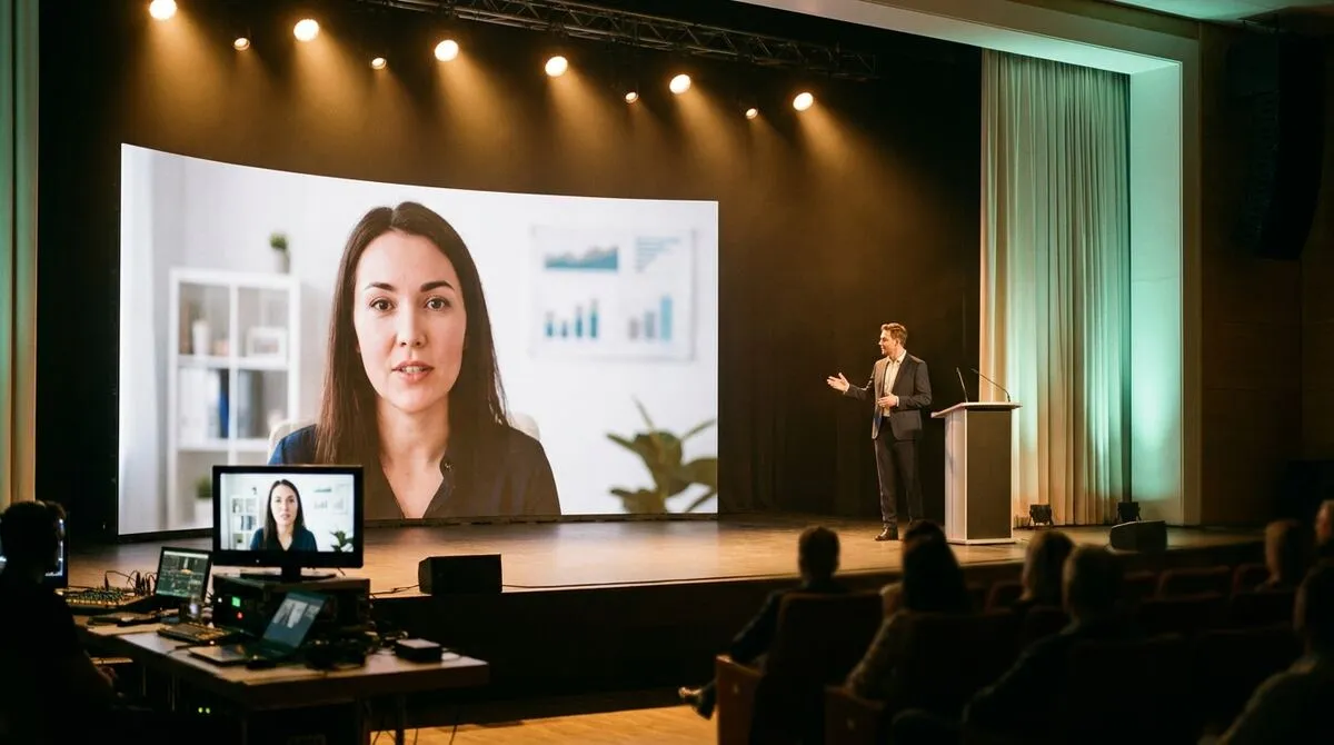 A presenter's face on a large screen beside the live host on stage, a small preview monitor showing the same feed at the tech table