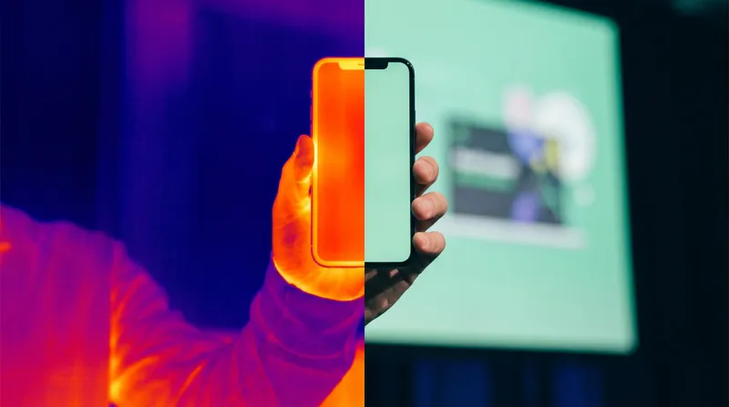 A presenter holds a phone remote: one half seen through a thermal camera glowing hot, the other half cool in mint stage light