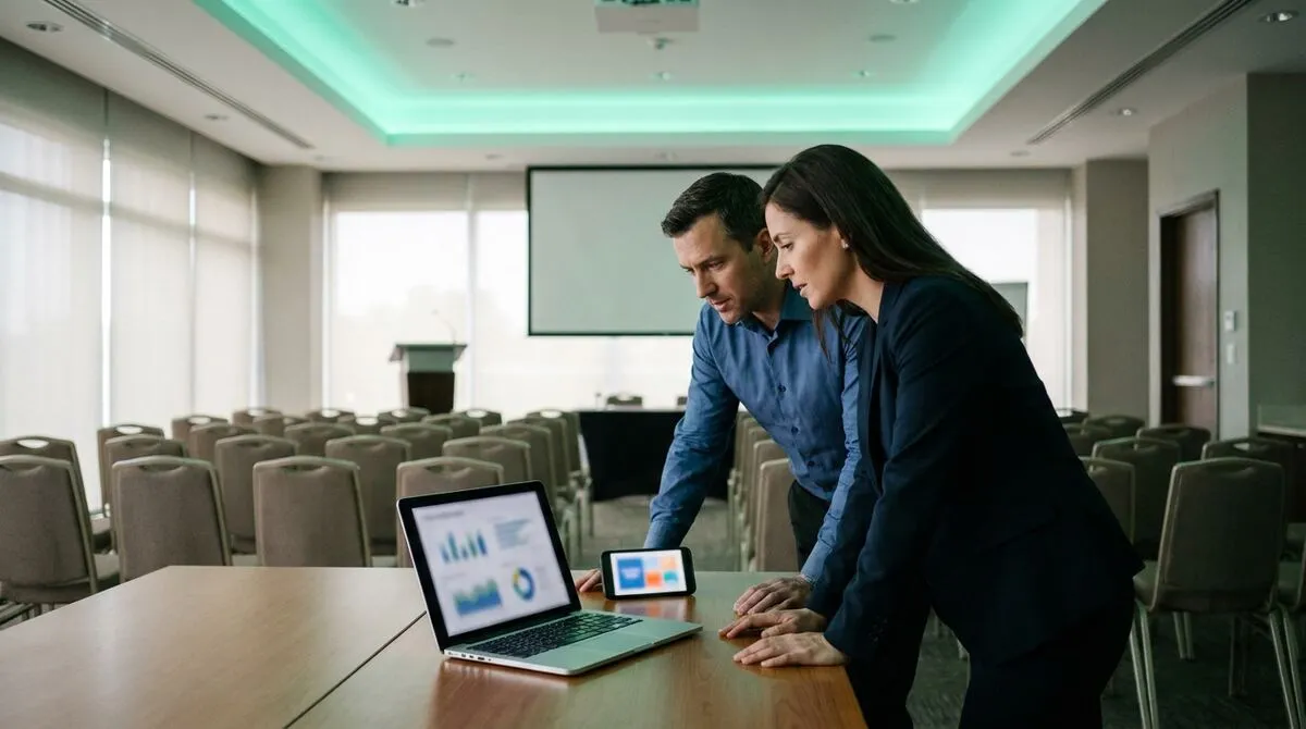 Two trainers checking a shared laptop and a phone before a multi-session corporate training day