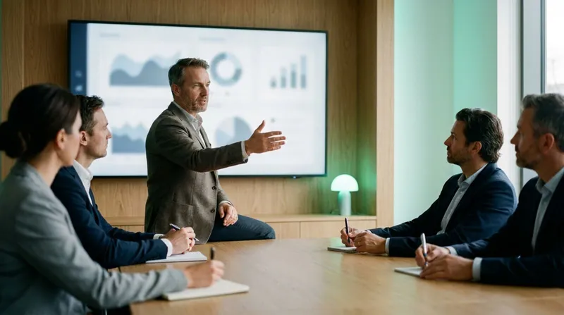 Founder delivering a pitch deck to investors seated around a boardroom table