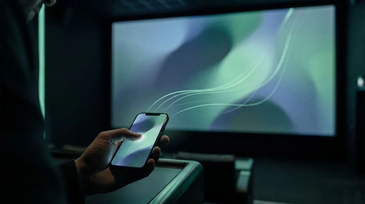 Close-up of a hand tapping a phone screen with a large presentation display reacting in the background