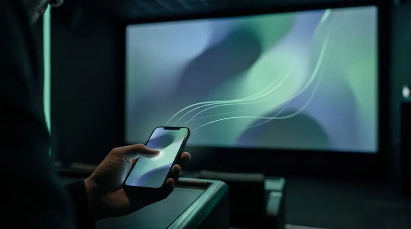 Close-up of a hand tapping a phone screen with a large presentation display reacting in the background
