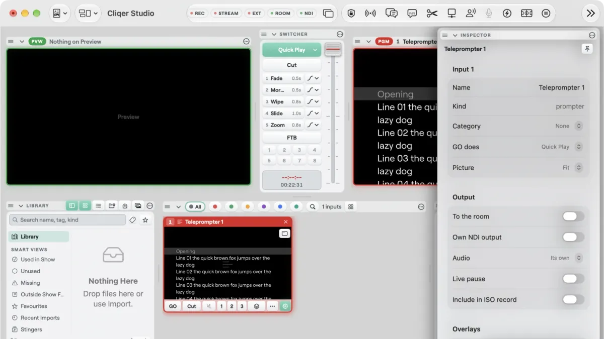 Cliqer Studio on Mac with a teleprompter on Program, a script scrolling past a faint reading line, and the Teleprompter inspector on the right