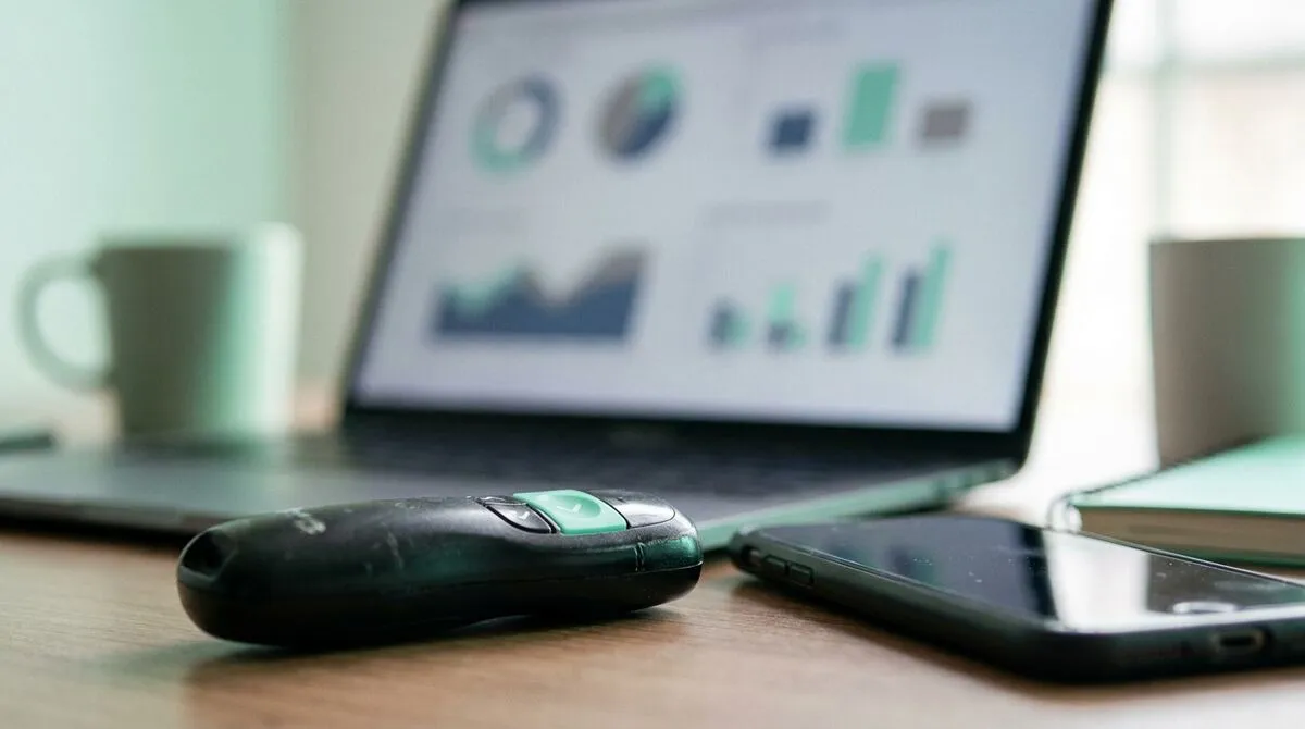 Close-up of a small handheld USB clicker resting on a table beside a smartphone, both facing a laptop screen showing a softly blurred slide