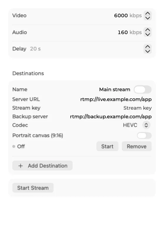 The Stream popover in Cliqer Studio on a Mac with video and audio bitrates, a delay field and a destination with a backup server