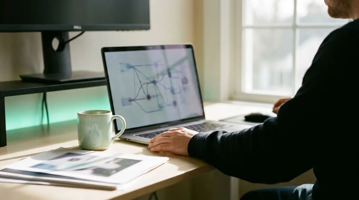 An IT security reviewer checking a laptop screen showing an abstract network diagram before a live event