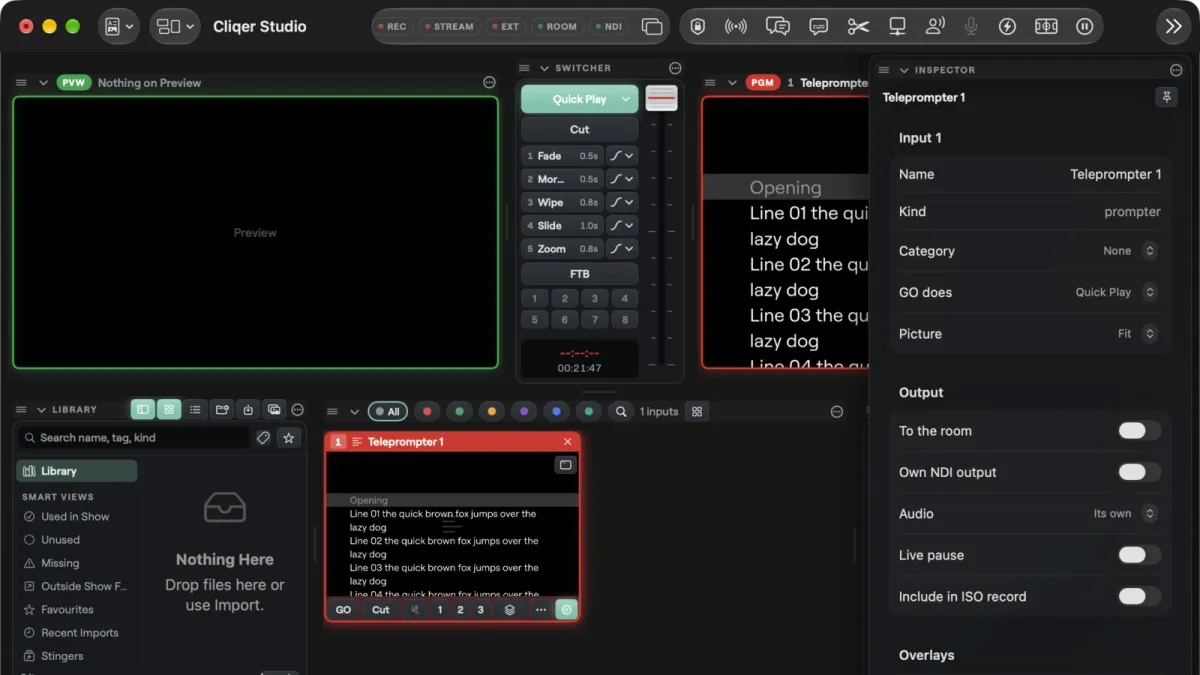 Cliqer Studio on Mac with a teleprompter on Program, a script scrolling past a faint reading line, and the Teleprompter inspector on the right