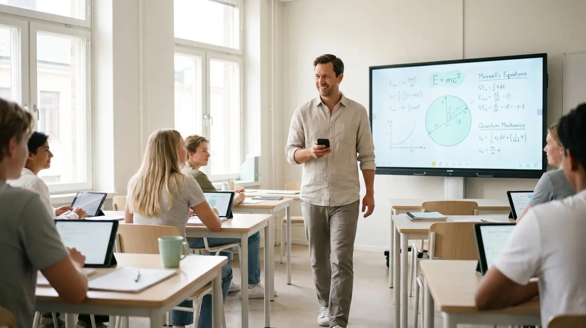 A student stands beside a classroom screen showing their presentation slide while classmates watch from their desks