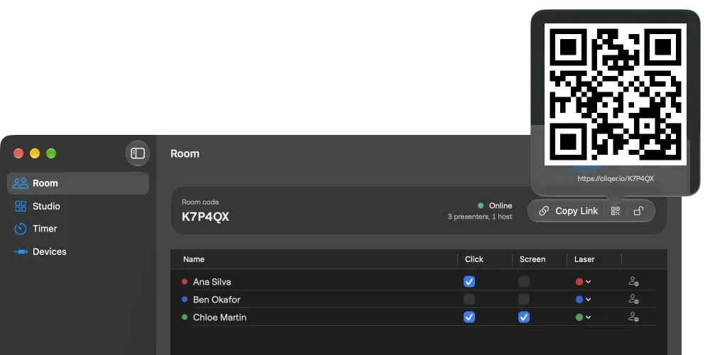 The host's Room page on a Mac with the room code and a QR code that presenters scan to join