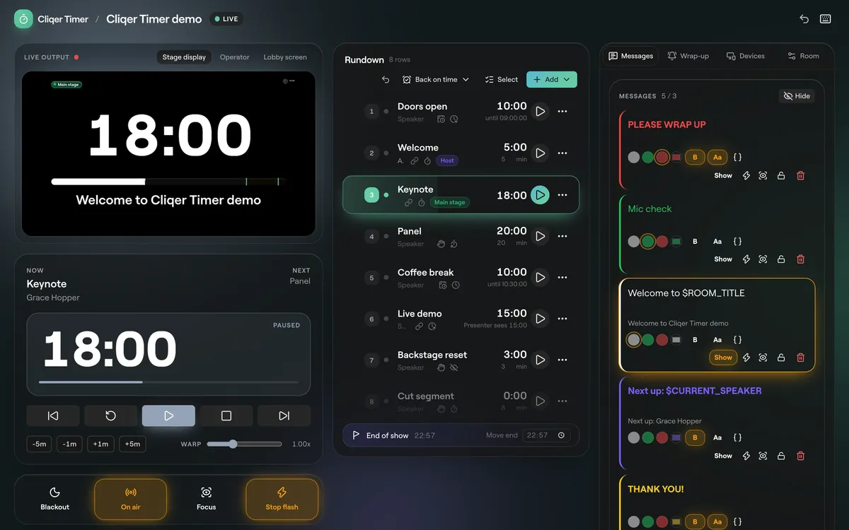 The Cliqer Timer control room with the live output, the Keynote timer paused at 18:00, the rundown and the messages list