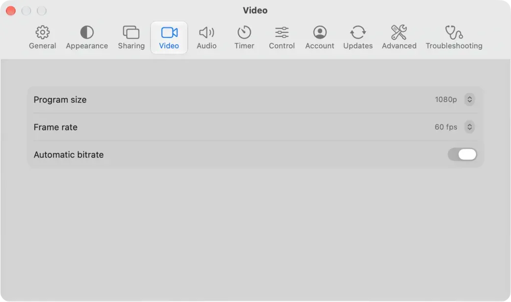 Video in Settings on a Mac, with Program size, frame rate and automatic bitrate