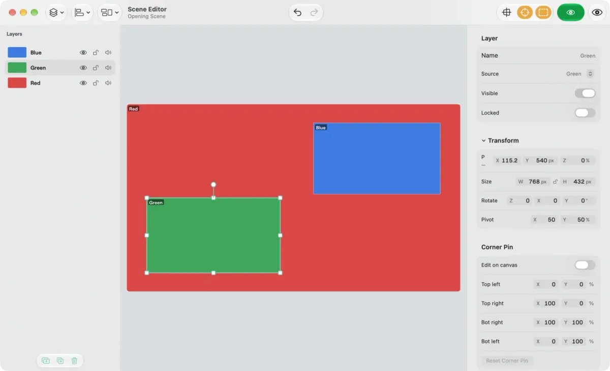 The Scene Editor on a Mac with a layer list, a canvas with handles on the selected layer and an inspector with transform and corner pin