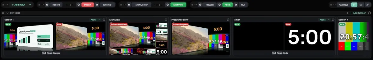 The Screens strip under the Studio window with Screen 1, Multiview, Program Follow, Timer and Screen 4, each with Preview and Program pictures and its own keys