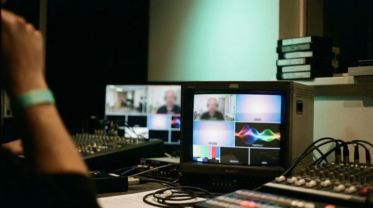 A remote panellist's camera feed arriving as a labelled input tile inside a live production input rack
