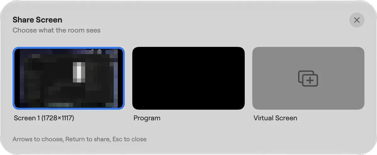 The Share Screen panel on a Mac with tiles for Screen 1, Program and Virtual Screen to choose what the room sees