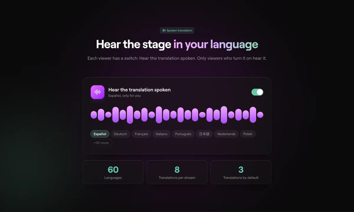 A card titled Hear the translation spoken with a switch turned on, an audio waveform and language chips including Espanol, Deutsch and Francais