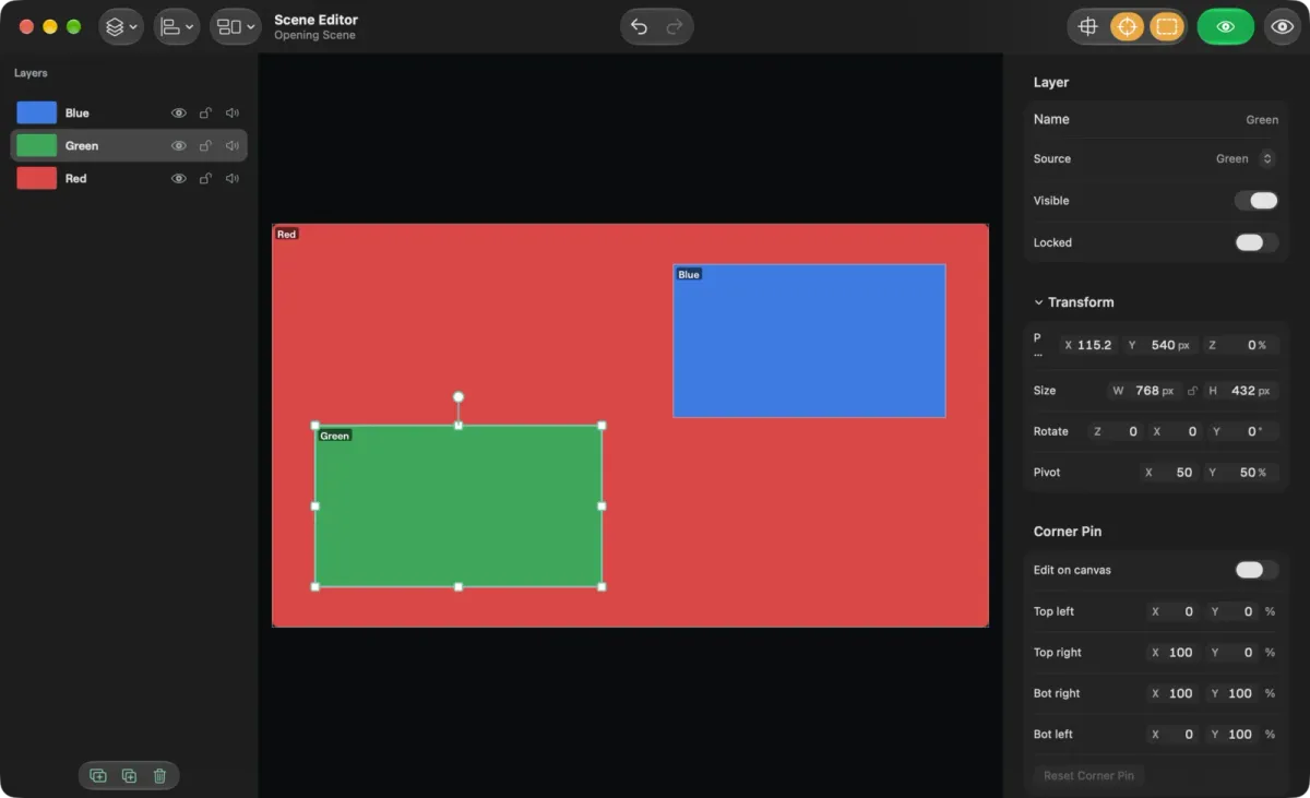 The Scene Editor on a Mac with a layer list, a canvas with handles on the selected layer and an inspector with transform and corner pin