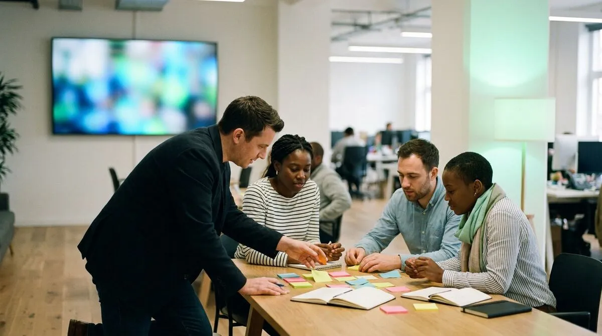Trainer kneeling beside a small group at a table during a breakout exercise, a countdown timer visible on a screen in the background