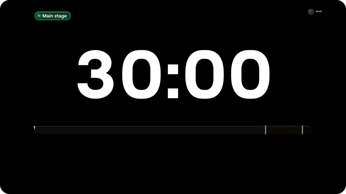 The Stage display template: a large 30:00 countdown above a progress bar with wrap-up marks on a black screen