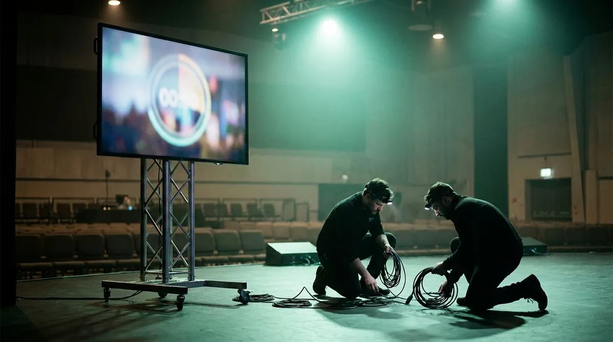 A spare monitor on a floor stand at the edge of a stage, showing a large countdown timer with a warm amber glow
