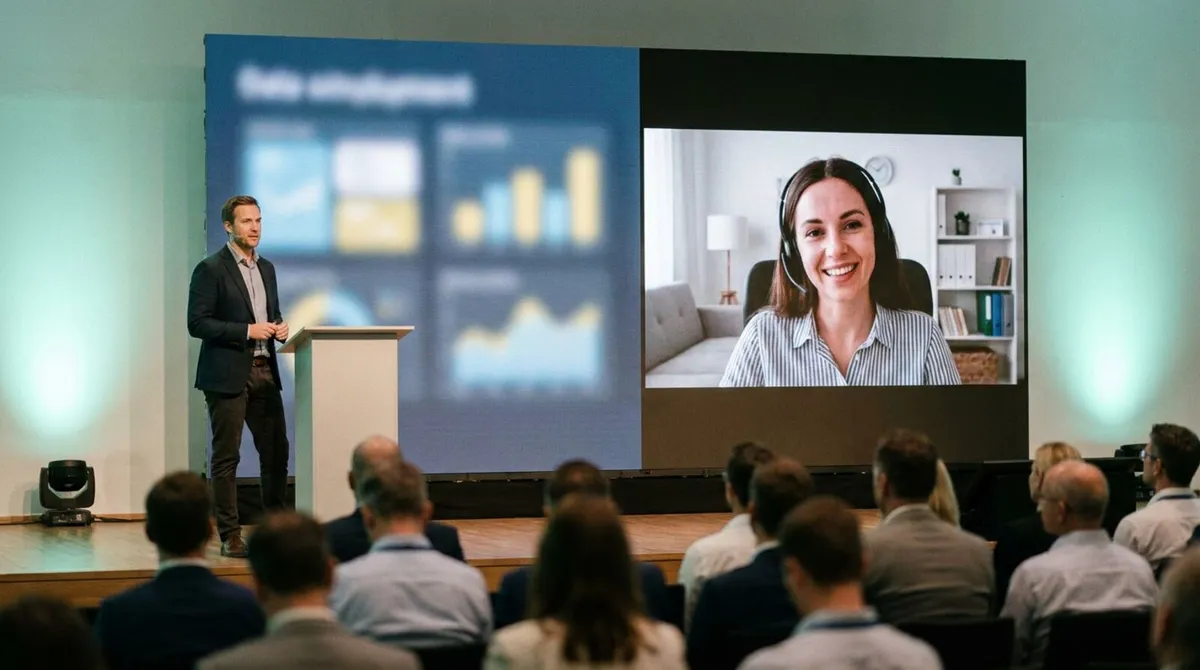 A conference stage with a large screen showing a remote speaker beside the live host, both audiences visible