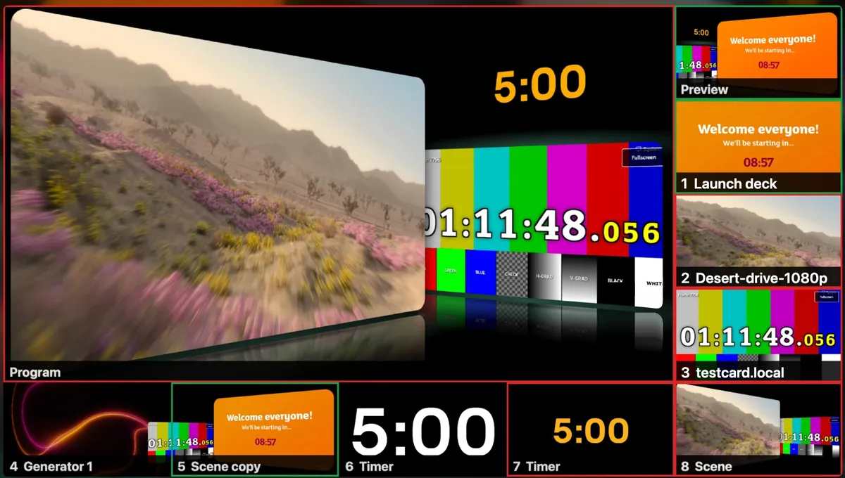 Cliqer Studio Multiview with a large Program picture, Preview in the top corner and eight numbered input cells framed in red and green tally colours