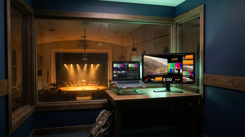 A control booth with Cliqer Studio on a laptop and an external monitor, the hall visible through the window