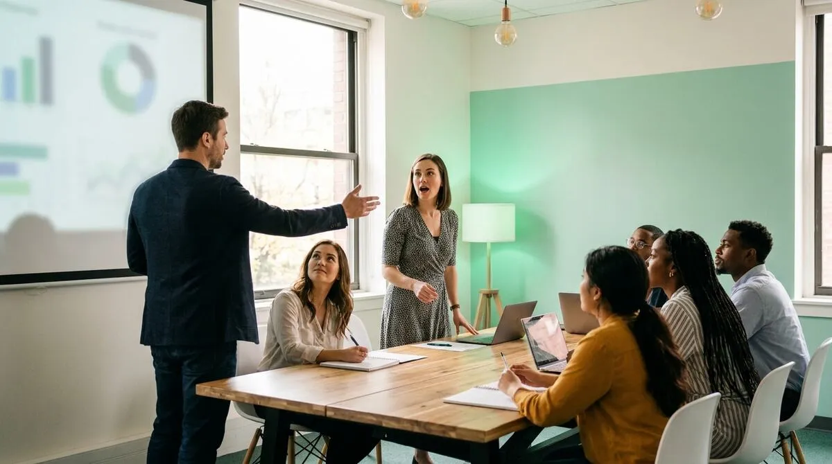 Trainer passing a discussion to a co-trainer in front of a seated group during a workshop session