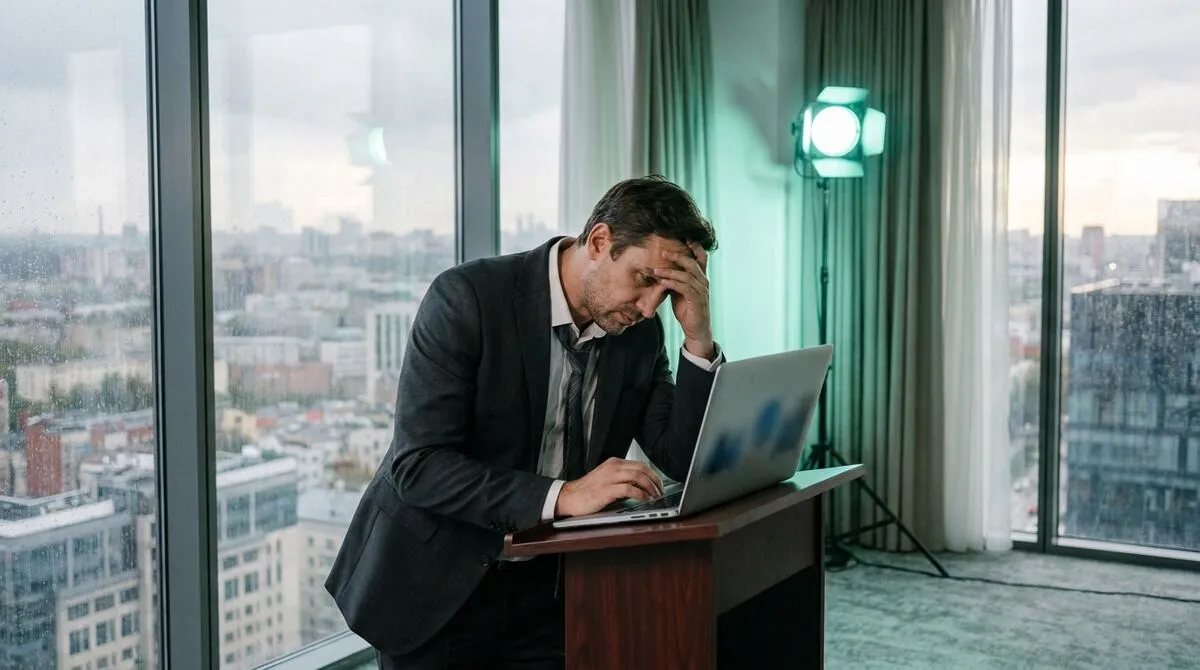 A frustrated presenter looking at a laptop with a connection error message, standing near a large office window with a city view