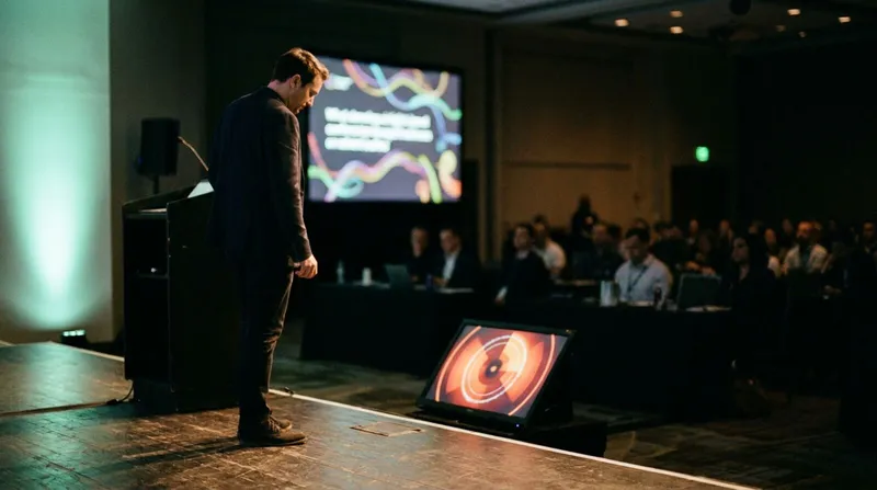 A speaker on a dimly lit stage glancing at a confidence monitor showing a countdown timer