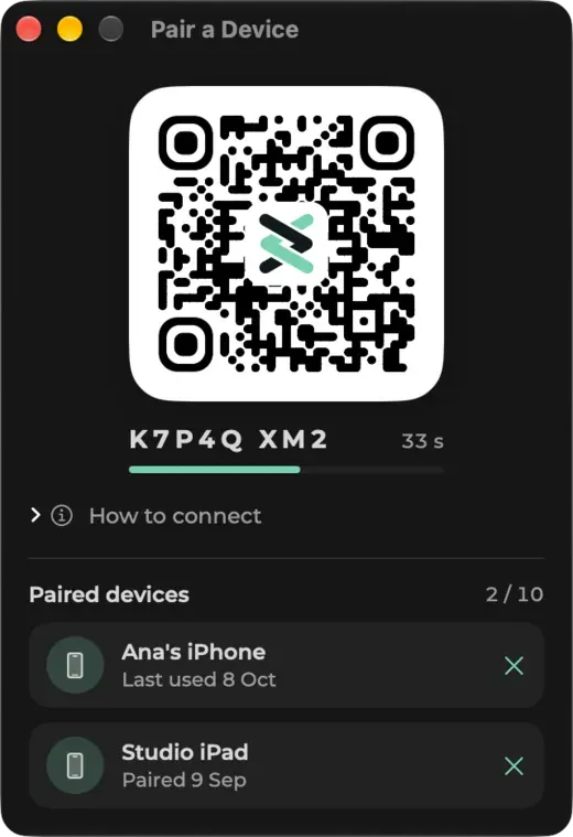 The Pair a device window on the computer: a QR code with a 60 second countdown, the three steps and the list of paired devices