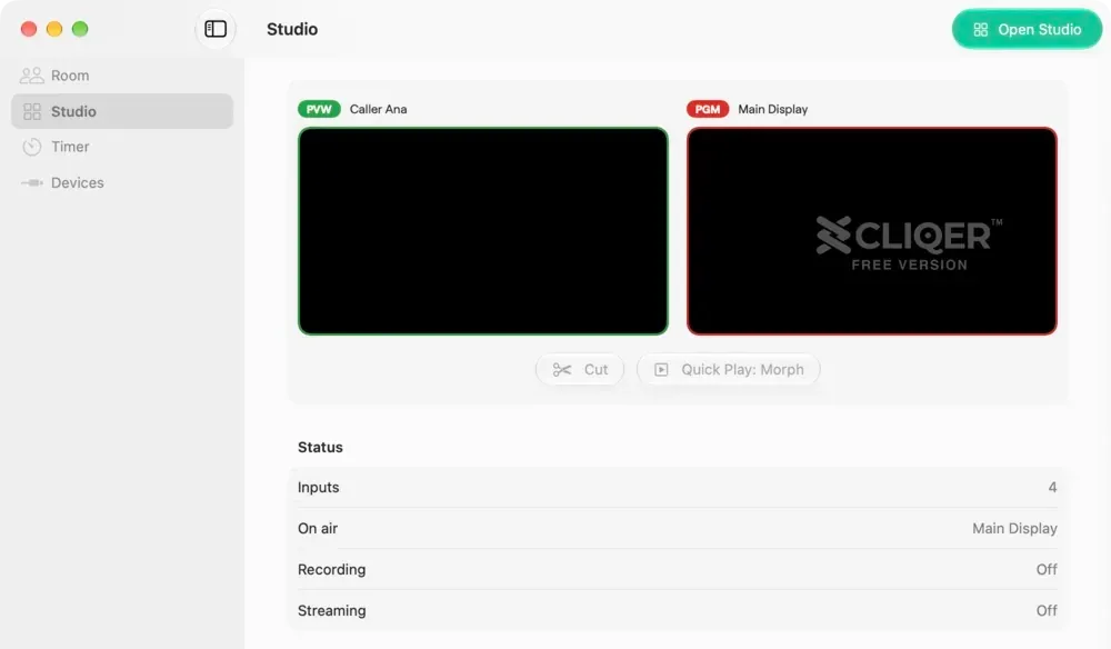 The Studio panel in the Cliqer main window on a Mac with Preview and Program above a status list showing inputs and recording