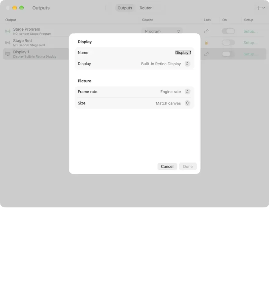 The Setup sheet for a Display output in Cliqer's Outputs window with a name, the display and the frame rate and size