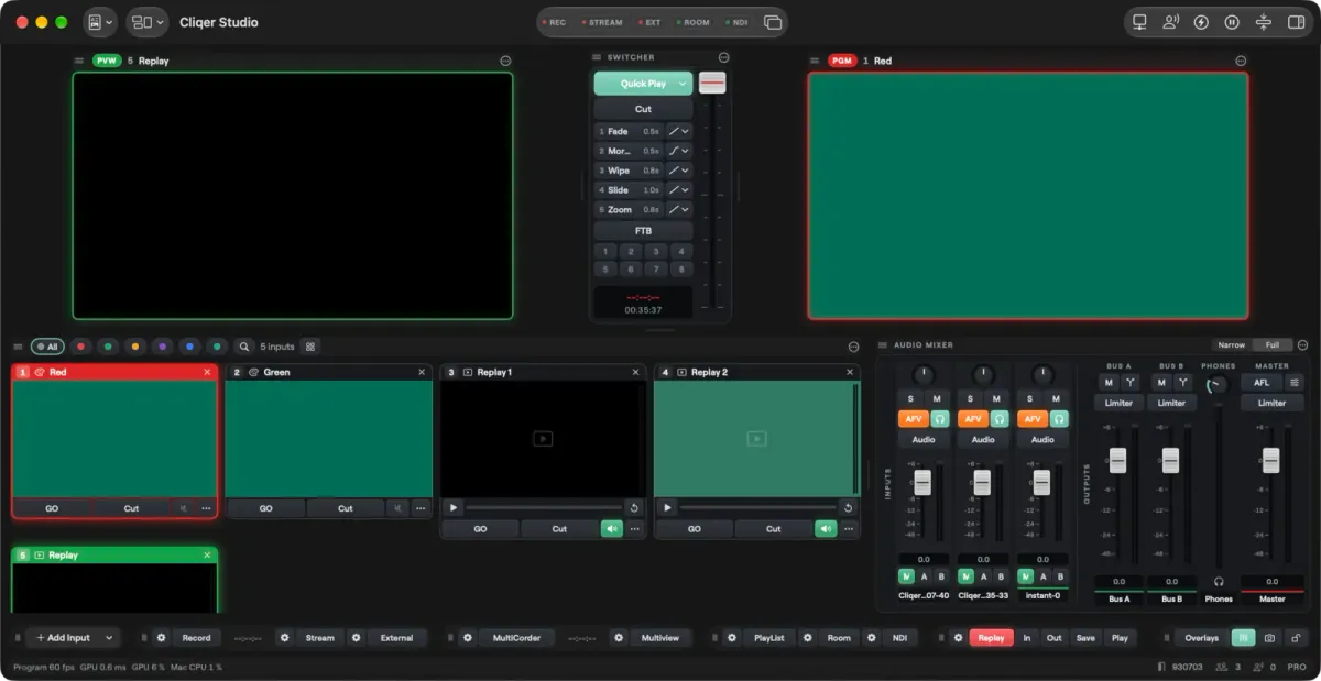 The Replay group in the Studio bottom bar with Replay, In, Out, Save and Play keys beside the other output keys