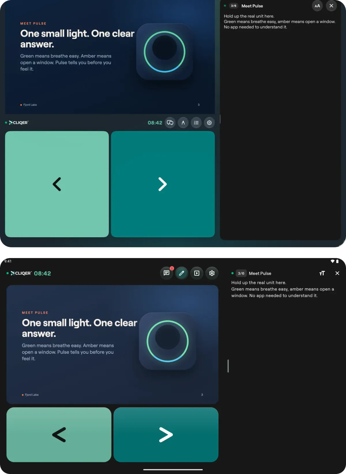 An iPad above and an Android tablet below, both held sideways: the shared slide on the left, the Back and Next tiles under it and the speaker notes in a tall panel on the right