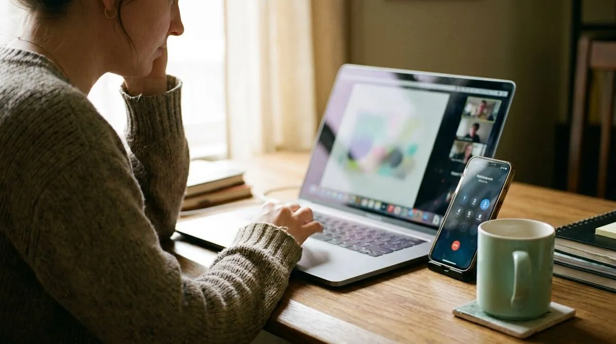 Presenter seated at a desk with a laptop open to a video call, phone propped nearby showing control buttons, soft daylight from a window