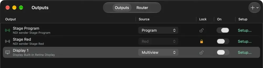 The Outputs window listing two NDI outputs and a display output, each with a source, lock and On switch