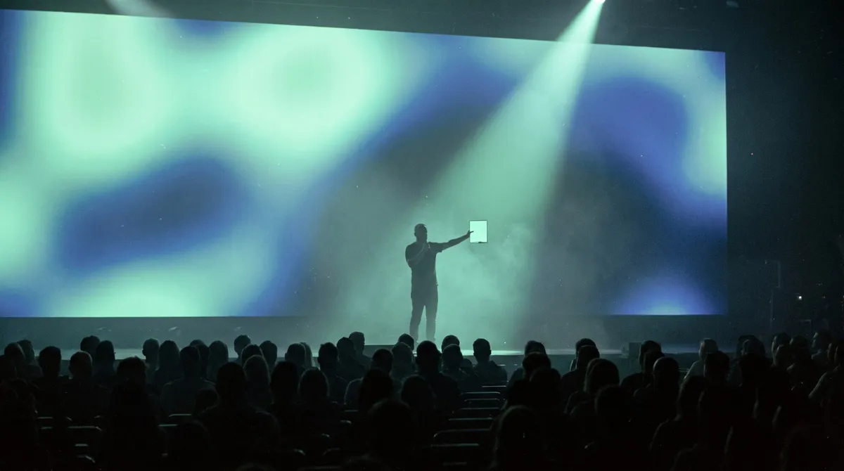 A presenter on a dark keynote stage advances the slides with a phone in front of a huge LED wall