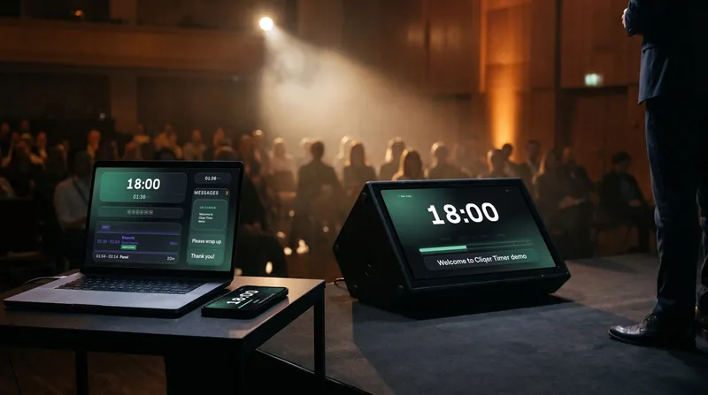 A stage floor monitor showing the Cliqer Timer countdown to the speaker, with the operator laptop and a phone running the same timer at the side of the stage