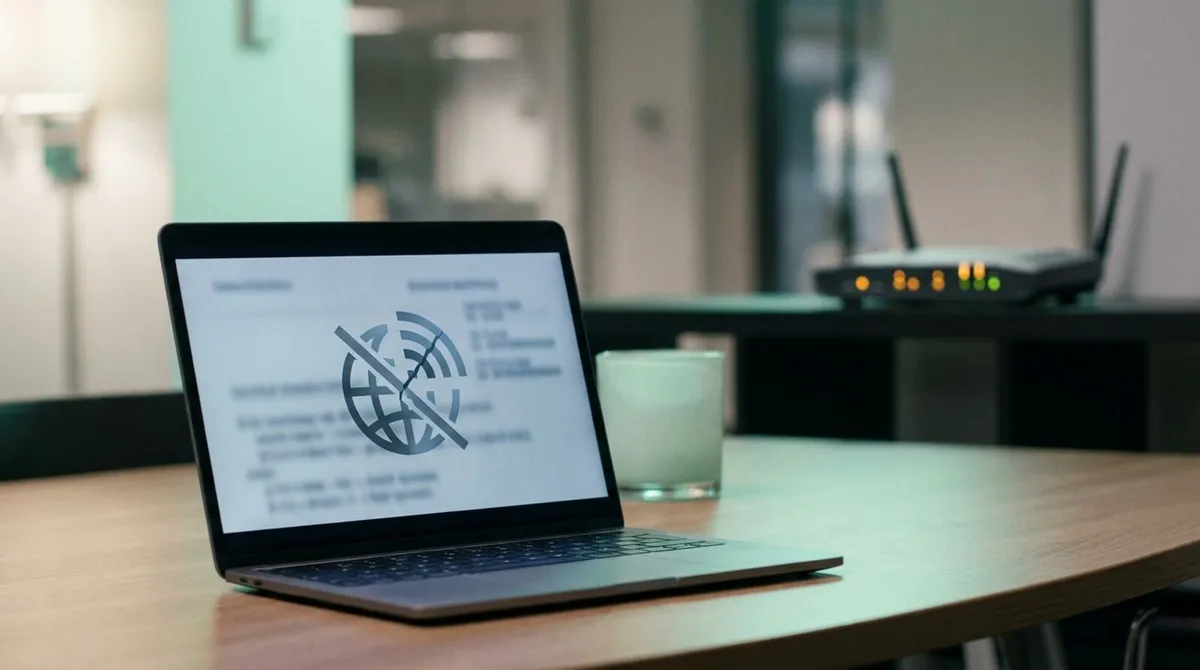 A laptop showing a connection error on a corporate office network with a router visible in the background